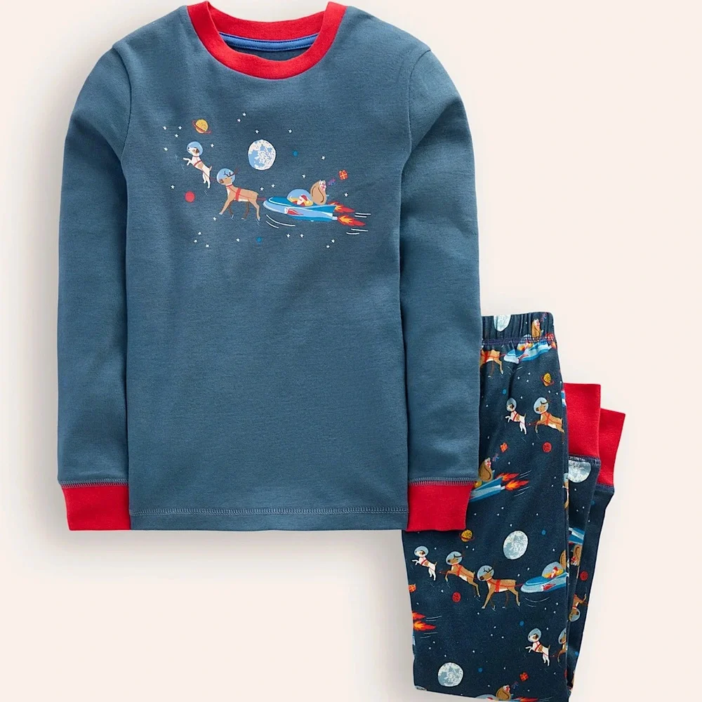 Mini Boden Blue Space Santa Long John Pajama Set NWT